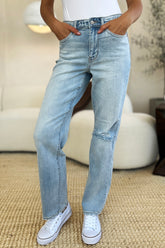 Judy Blue High Waist Distressed Straight Jeans - Full Size Denim with Stretch